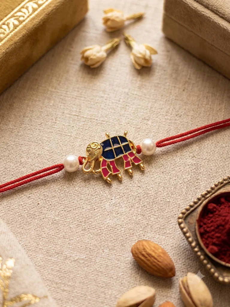 Royal Blue & Pink Meenakari Elephant Rakhi with Pearl Accents.webp