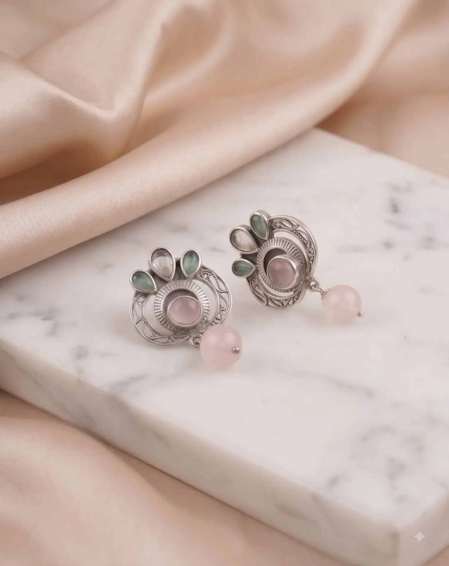 Artisan Oxidized Silver & Rose Quartz Earrings