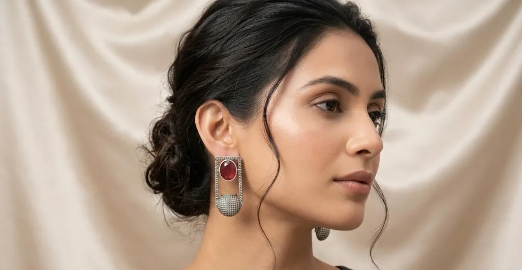 Statement Silver & Faux Ruby Drop Earrings