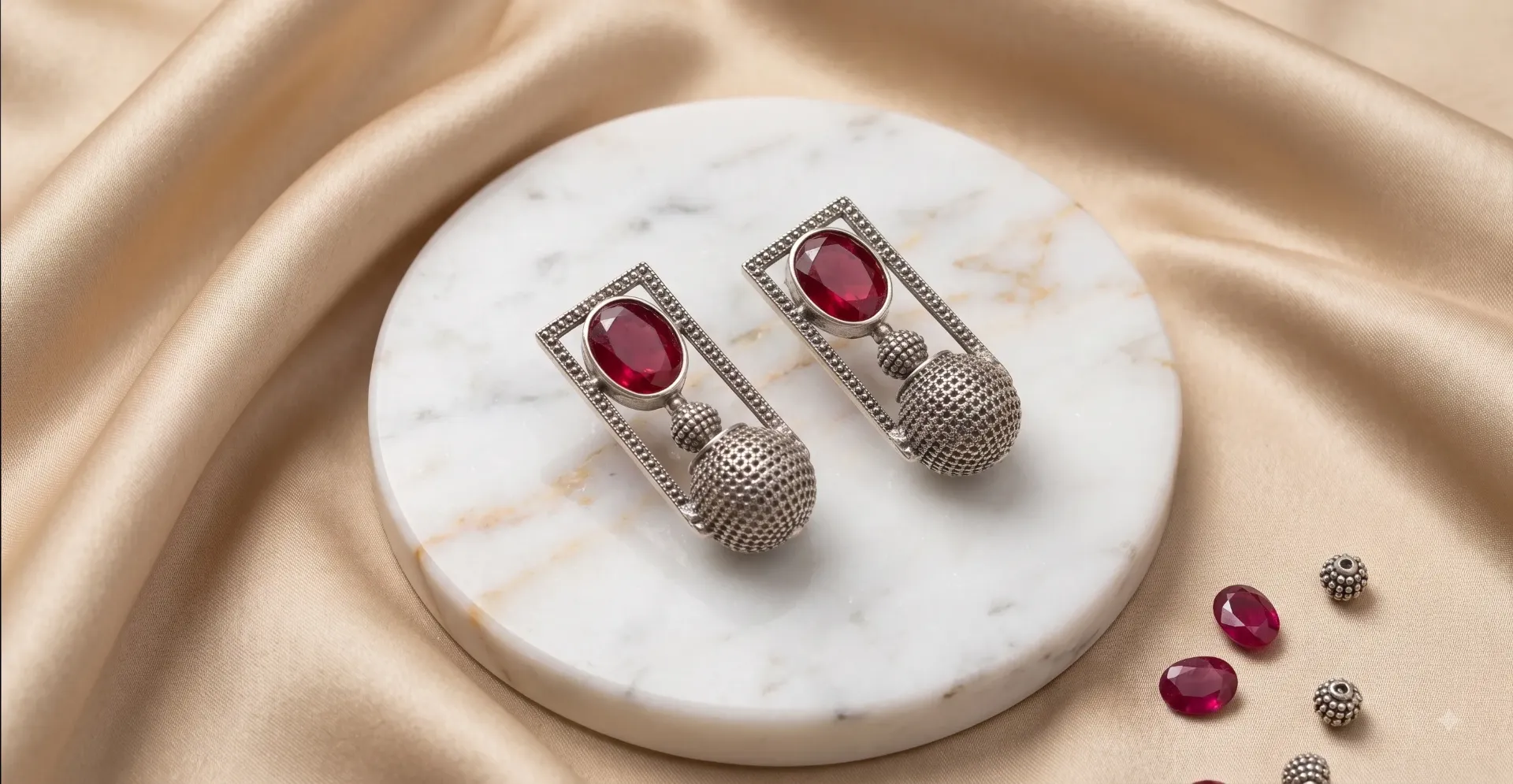 Statement Silver & Faux Ruby Drop Earrings