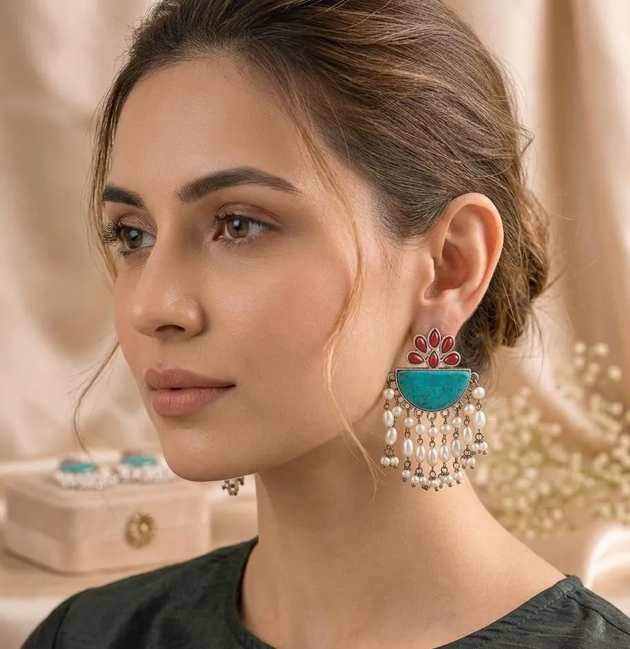 Bohemian Turquoise & Pearl Chandelier Earrings – Handcrafted Ethnic Chandbali Drops with Red Floral Accents