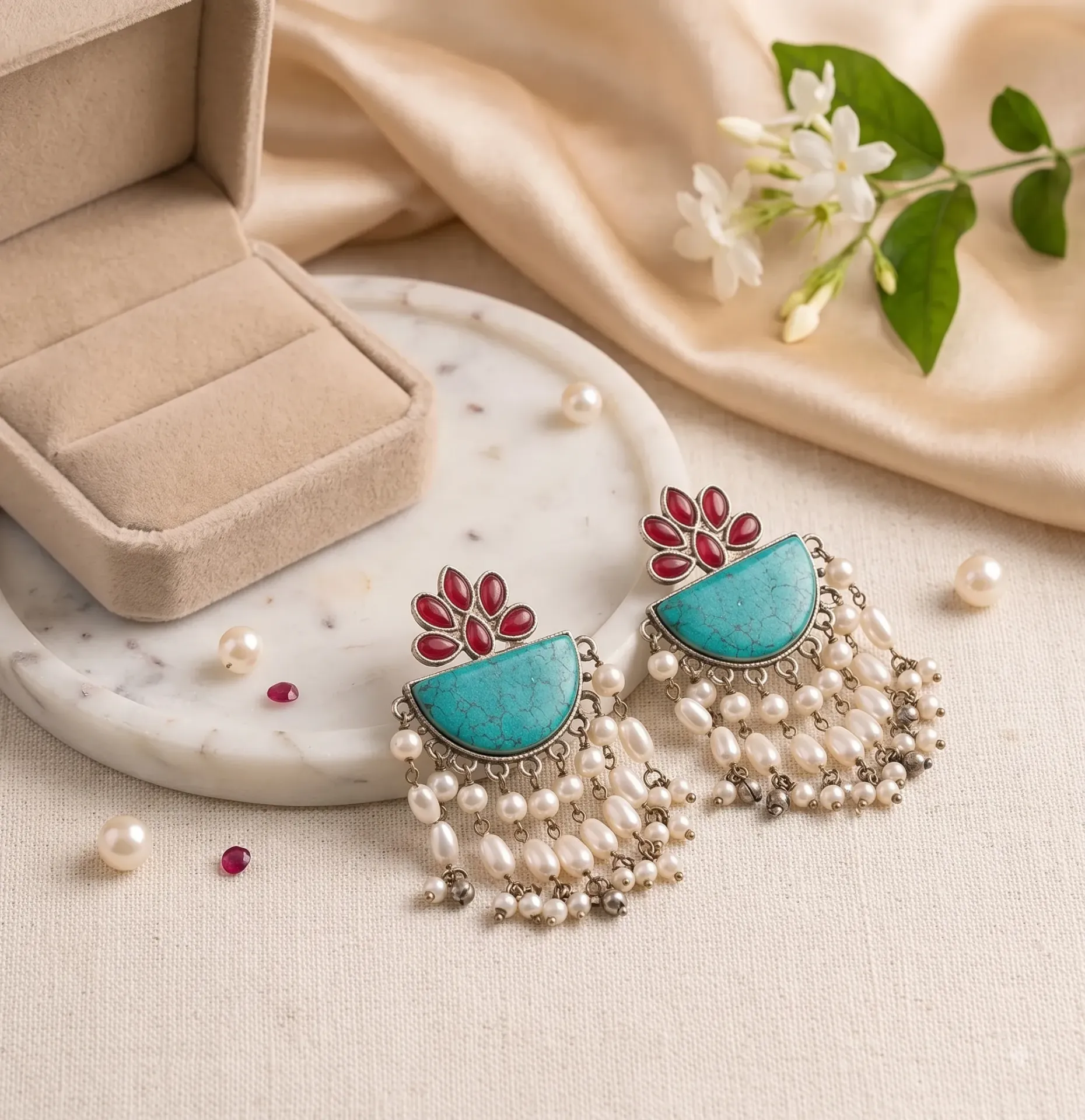 Bohemian Turquoise & Pearl Chandelier Earrings – Handcrafted Ethnic Chandbali Drops with Red Floral Accents