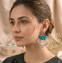 Bohemian Turquoise & Pearl Chandelier Earrings – Handcrafted Ethnic Chandbali Drops with Red Floral Accents