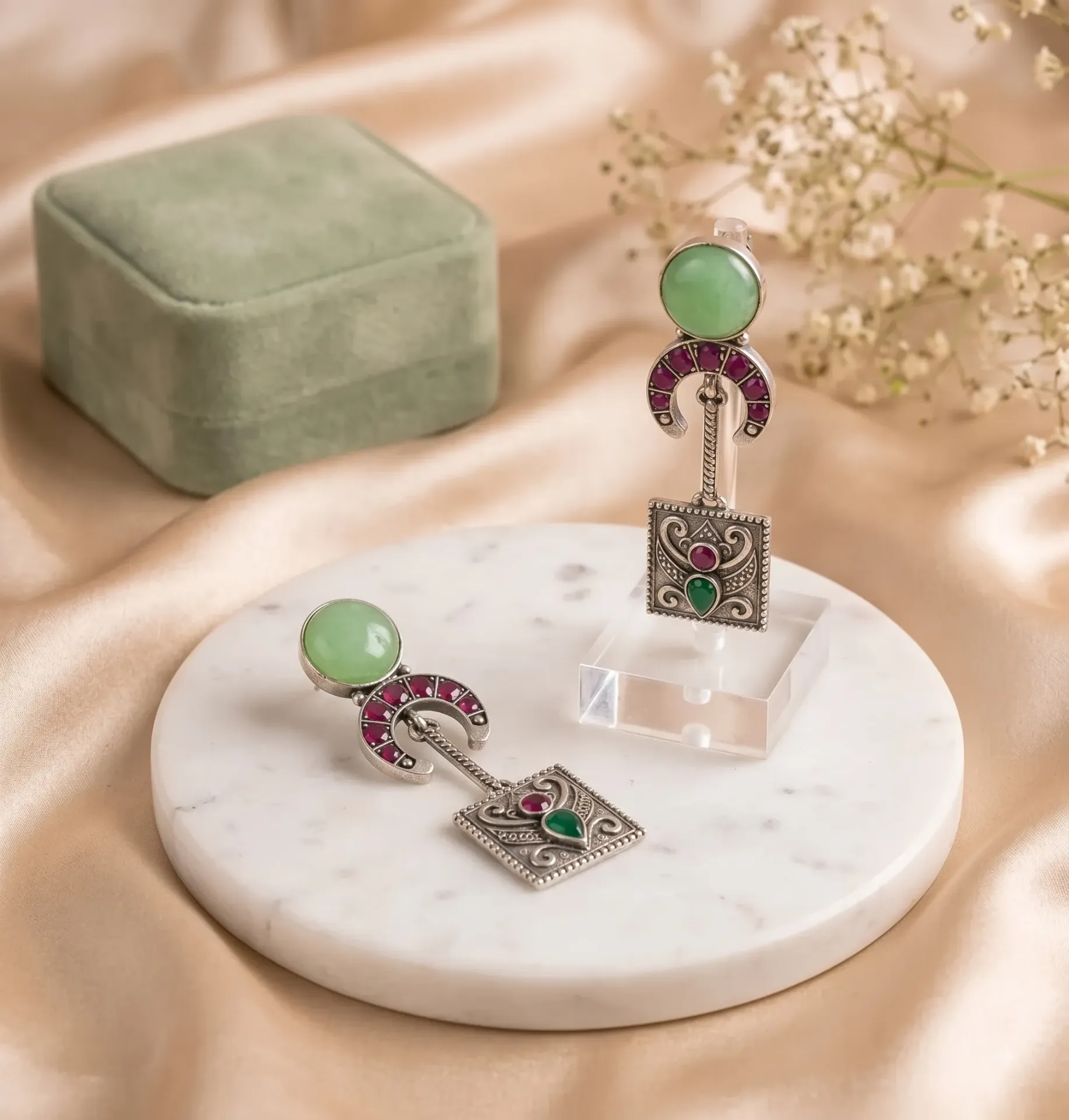 Vintage-Inspired Oxidized Silver Geometric Drop Earrings with Mint and Ruby Stones