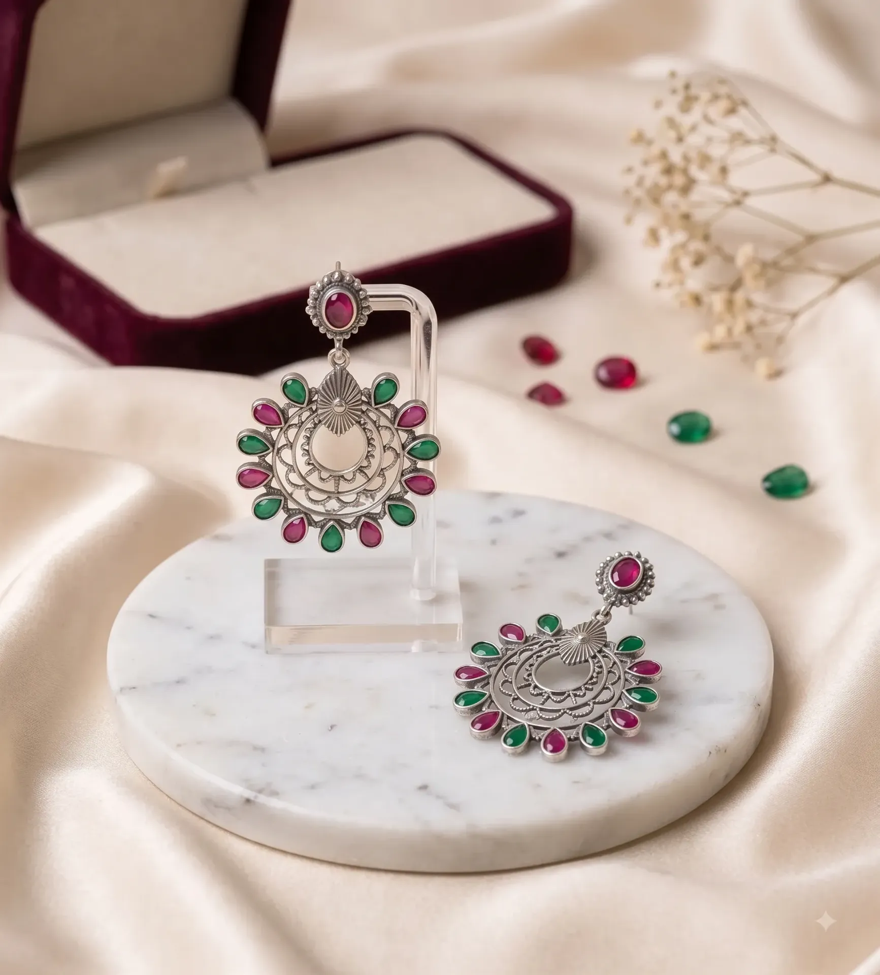 Regal Oxidized Silver Chandbali Earrings with Ruby and Emerald Accents