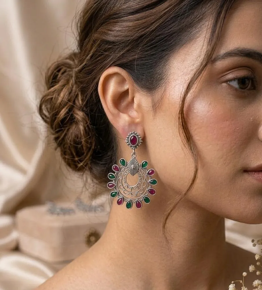 Regal Oxidized Silver Chandbali Earrings with Ruby and Emerald Accents