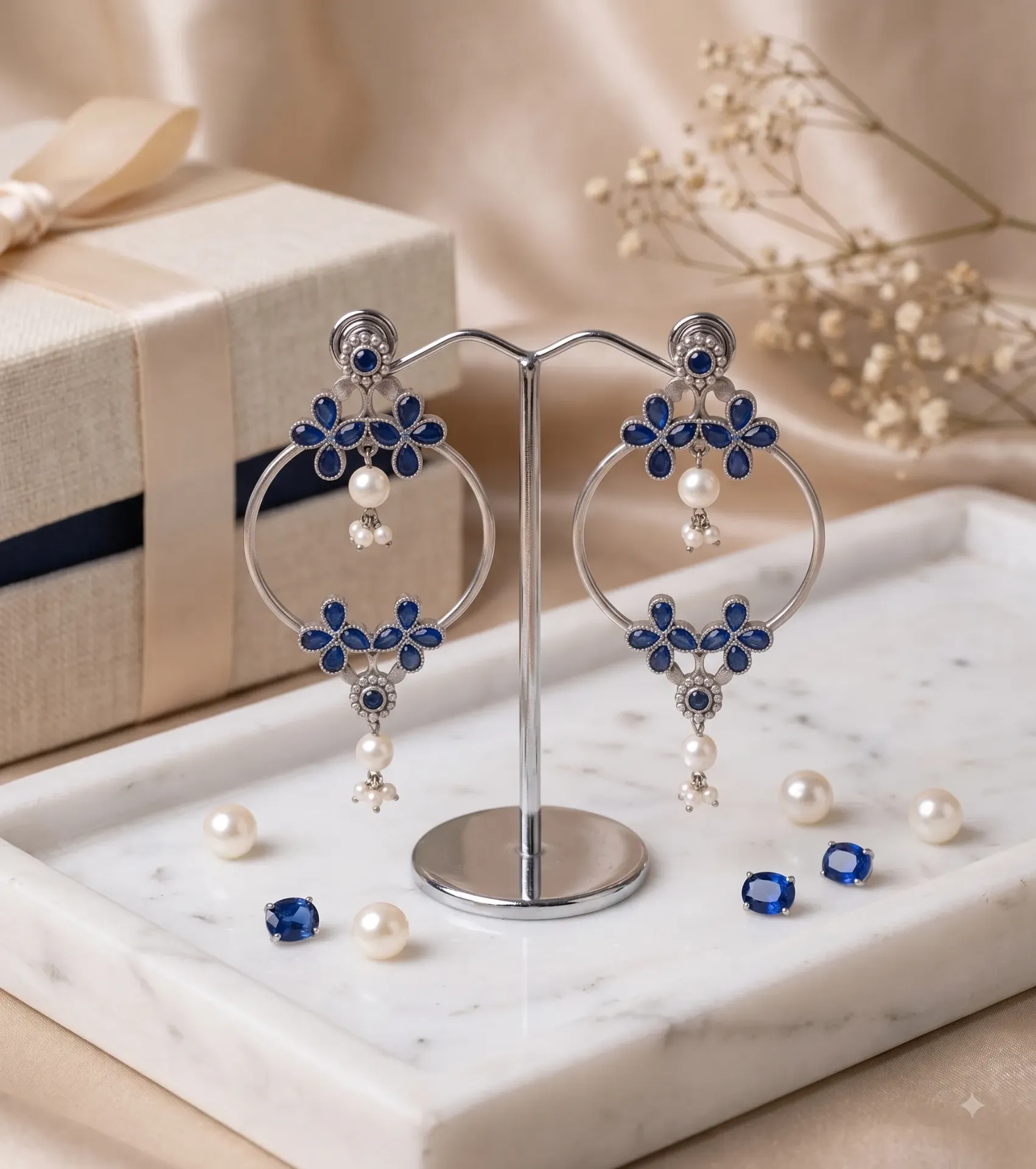 Enchanting Cobalt Blue Floral Hoop Earrings with Pearl Accents