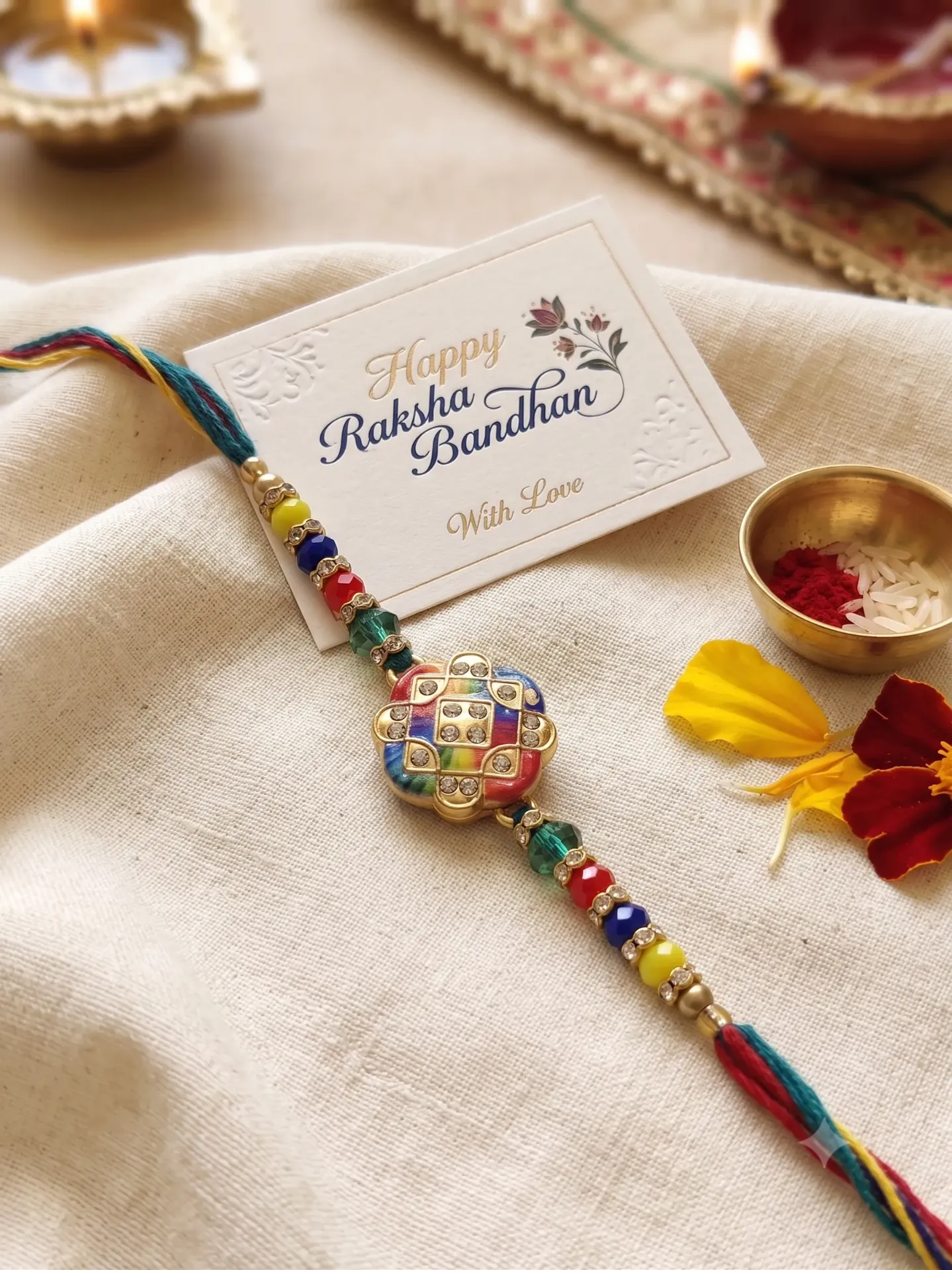 Handcrafted Floral Meenakari Rakhi with Colorful Crystal Beads & Soft Thread for Bhaiya