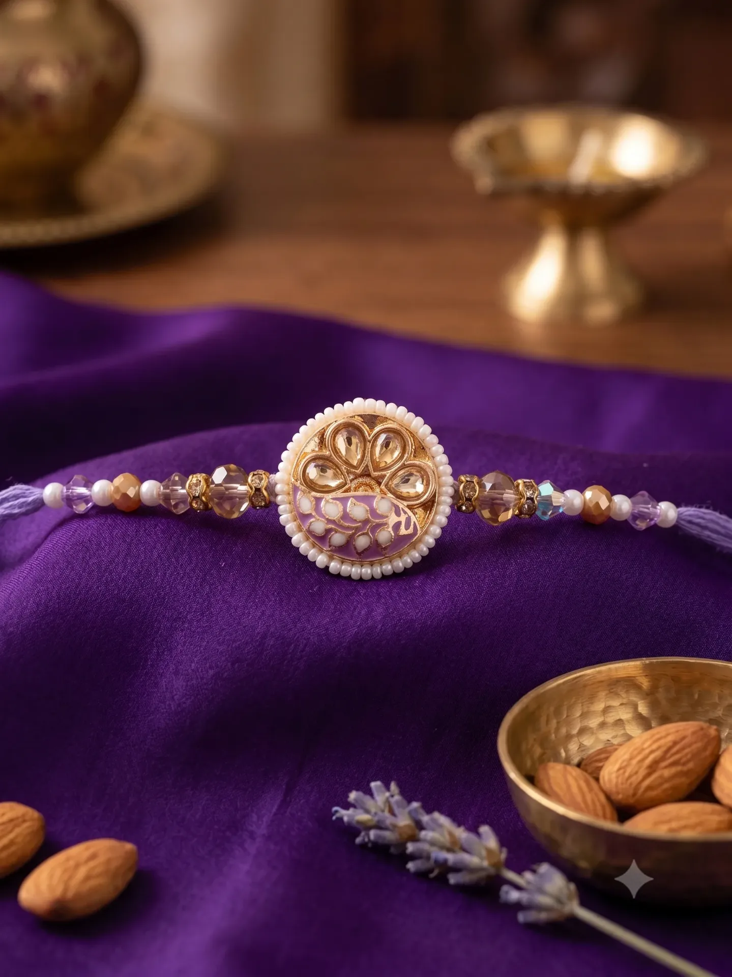 Royal Lavender Floral Kundan & Meenakari Designer Rakhi for Brother