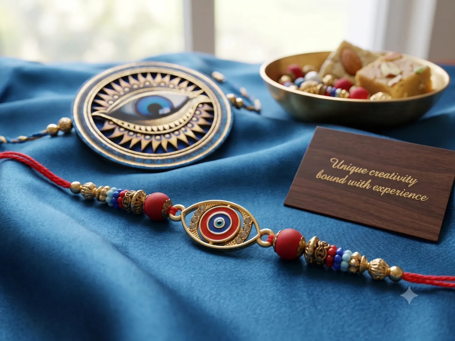 Evil Eye Rakhi for Brother - Gold Plated Red & Blue Nazar Protective Charm Rakhi Thread