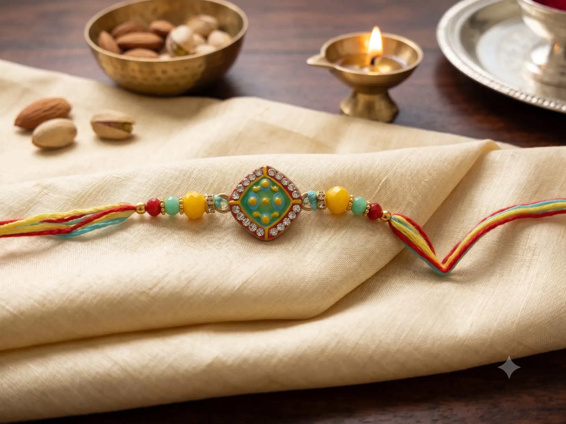 Auspicious Handcrafted Square Meenakari Charm Rakhi with Multi-Color Thread & Rhinestone Borde