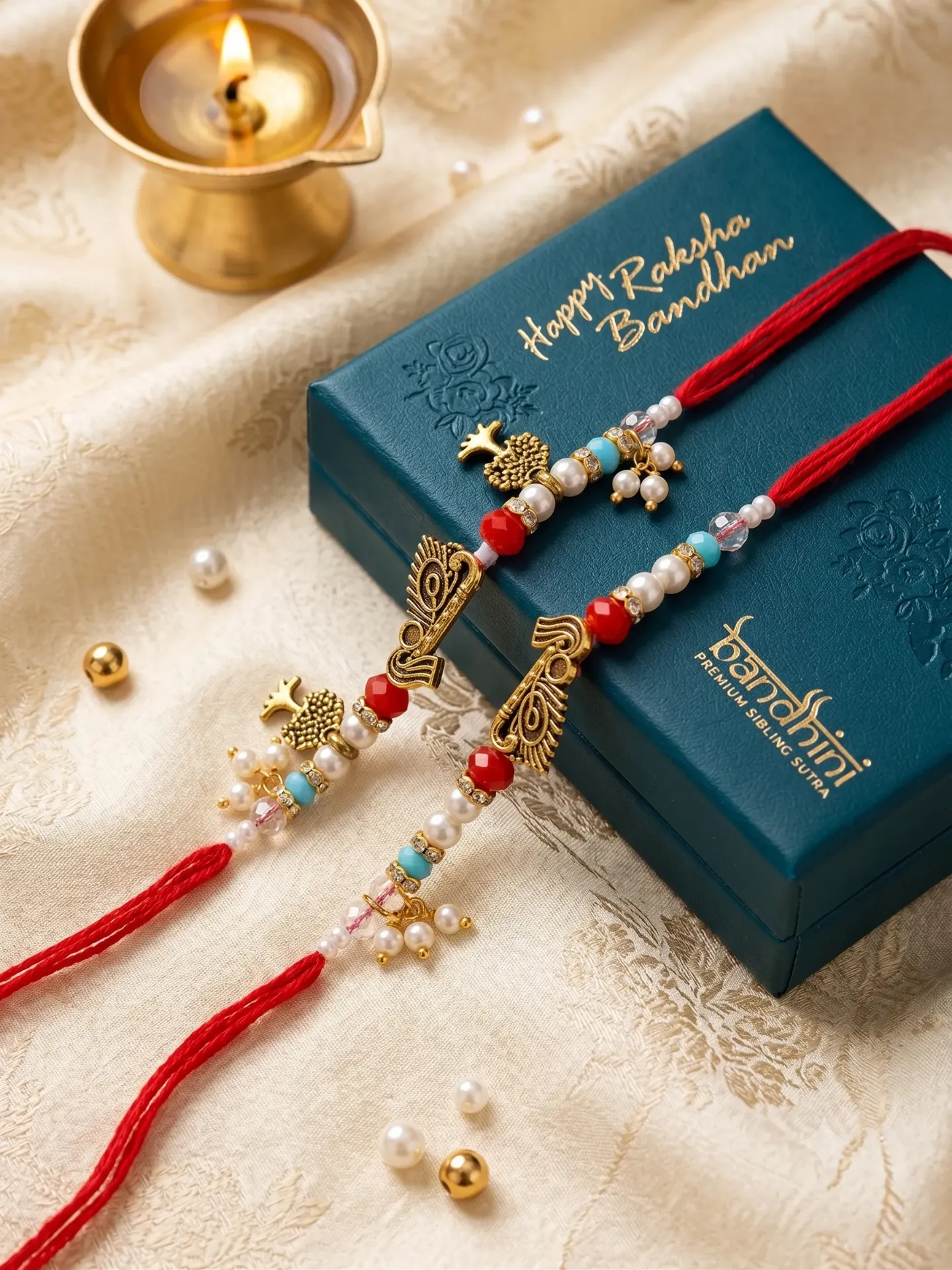 Designer Antique Peacock Bhaiya Bhabhi Rakhi Set - Beaded Red Thread Couple Rakhi Gift