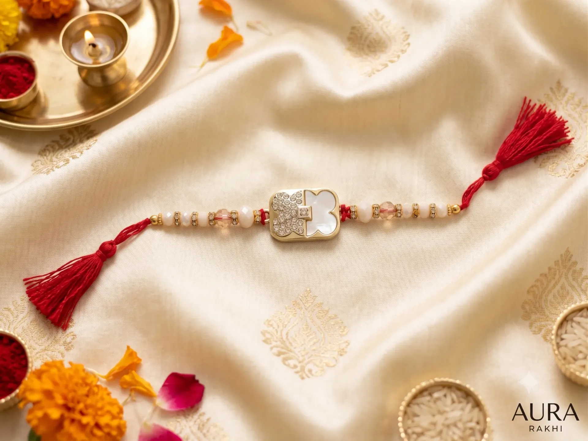 Premium Gold-Plated Clover/Floral Crystal Rakhi for Brother with Red Thread & Tassels