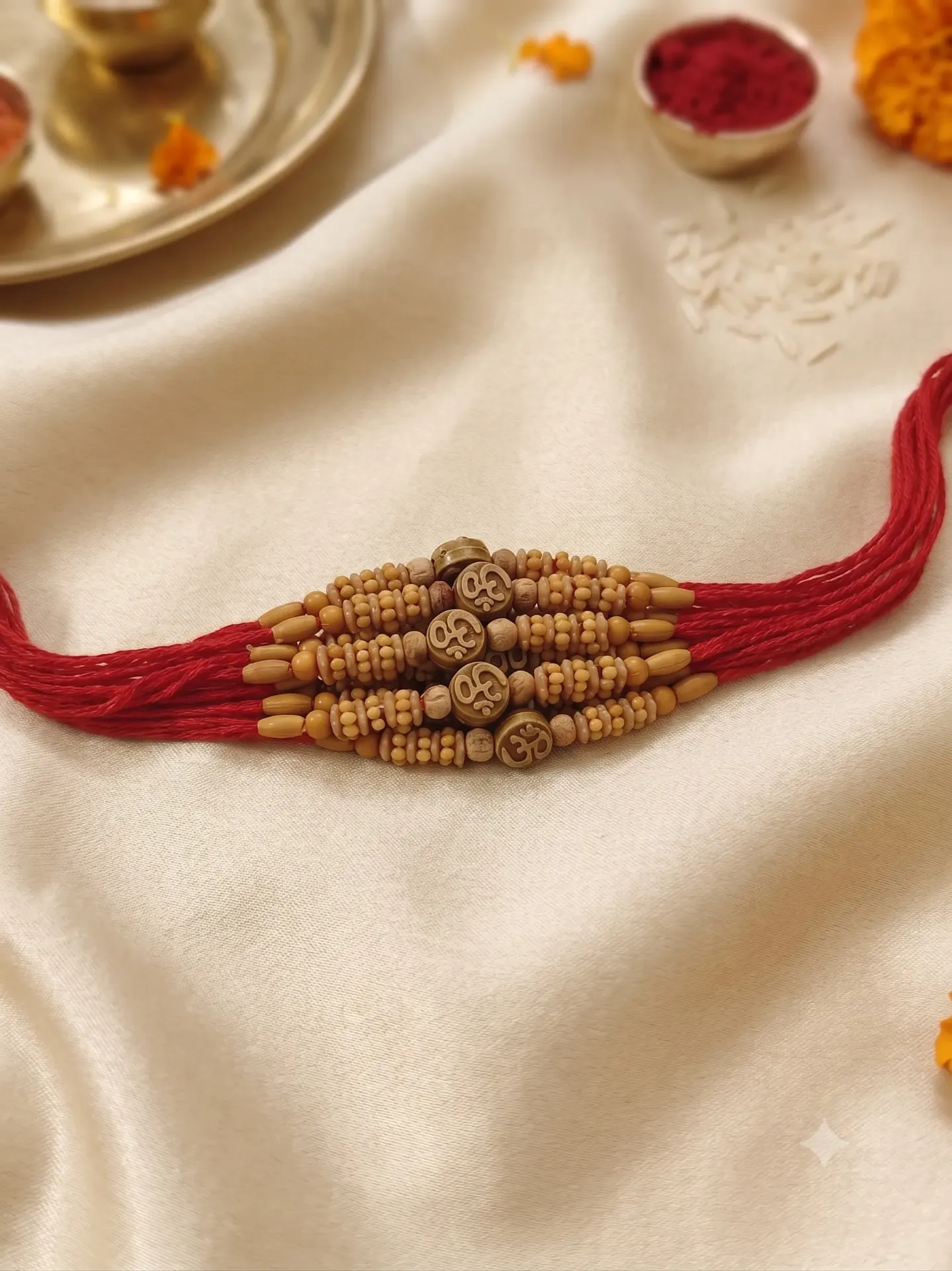 Handcrafted Wooden Bead Om Rakhi for Brother | Traditional Multi-Strand Wooden Rakshabandhan Rakhi (Set of 10)