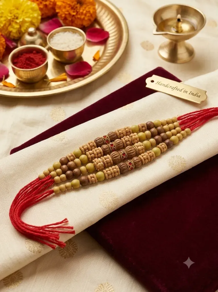 Handcrafted Wooden & Rudraksha Bead Rakhi Set for Brother | Traditional Multi-Strand Rakshabandhan Rakhi( Set of 10 )
