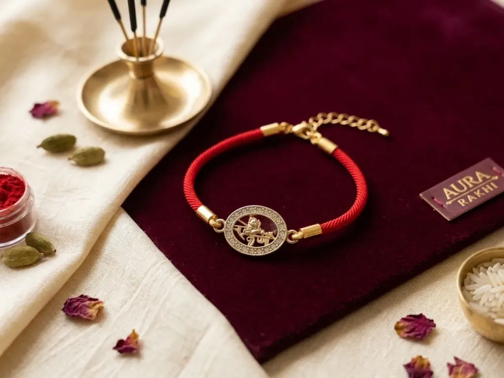 Gold-Plated Lord Ganesha Crystal Bracelet Rakhi for Brother | Adjustable Red Cord Rakshabandhan Rakhi