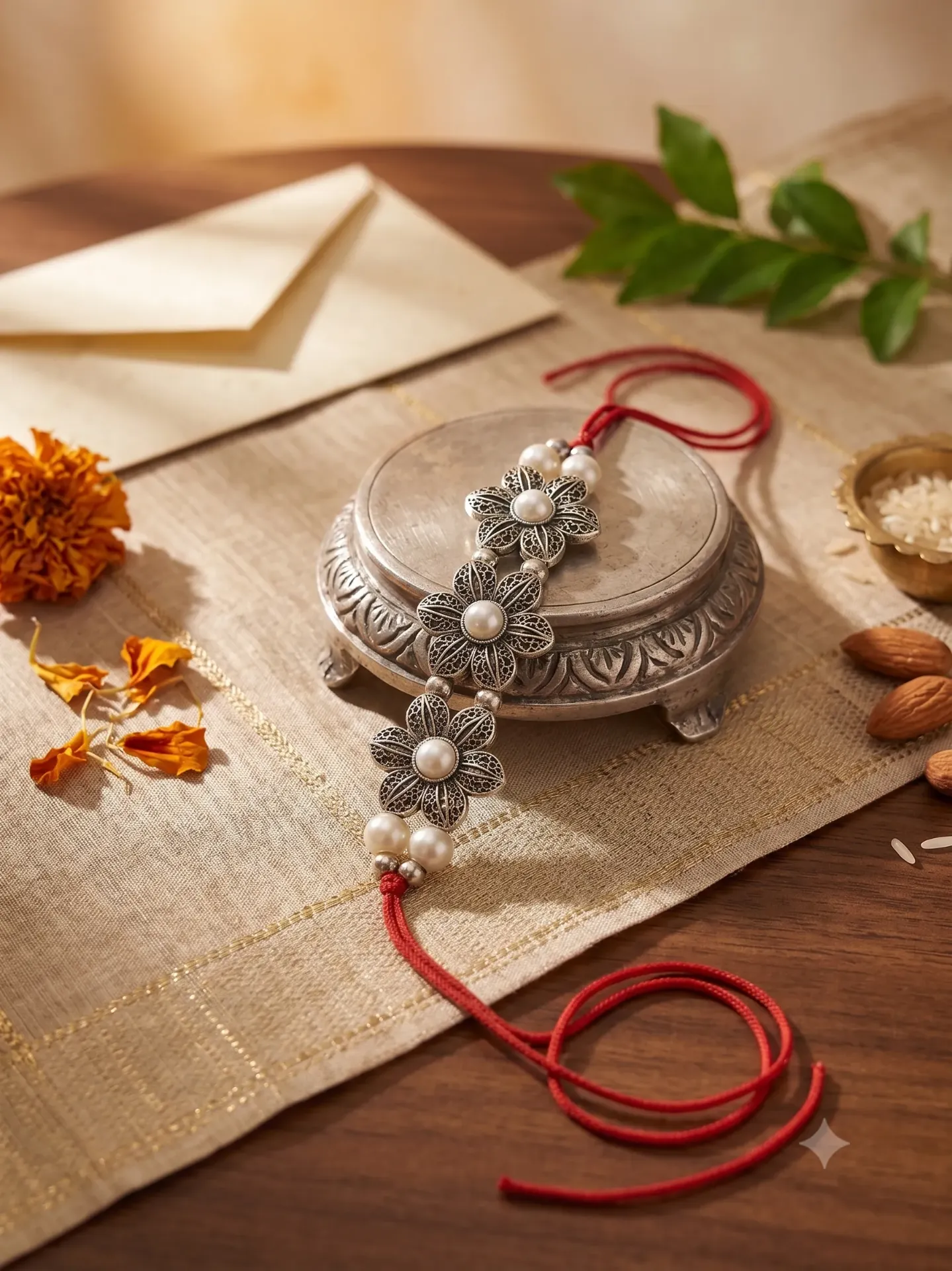 Oxidized Silver Floral Pearl Rakhi