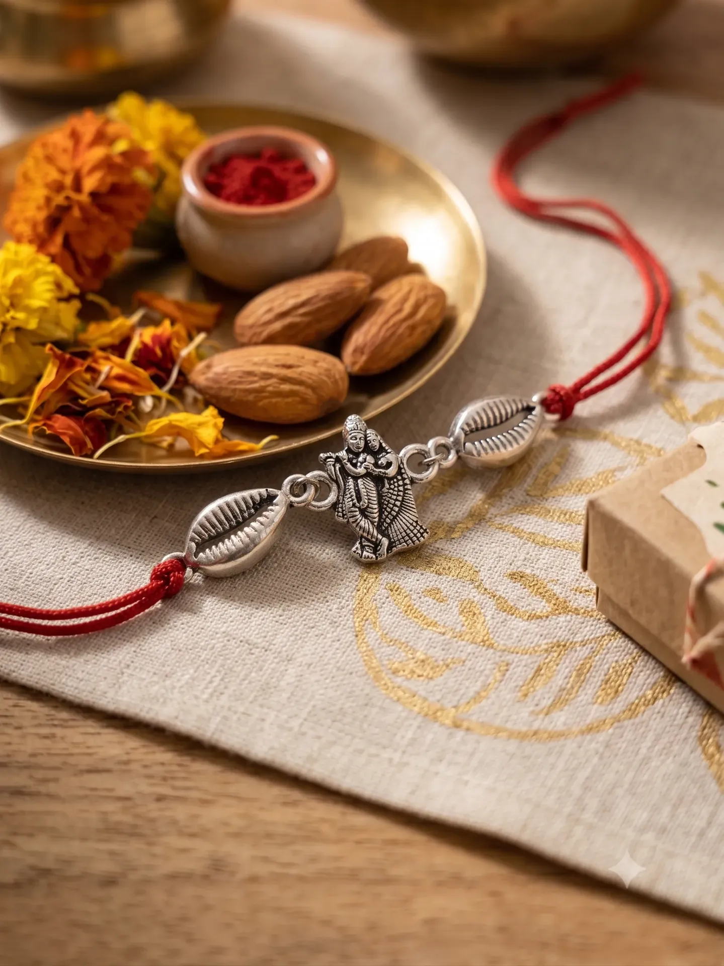Oxidized Silver Radha Krishna Rakhi with Metallic Cowrie Shells