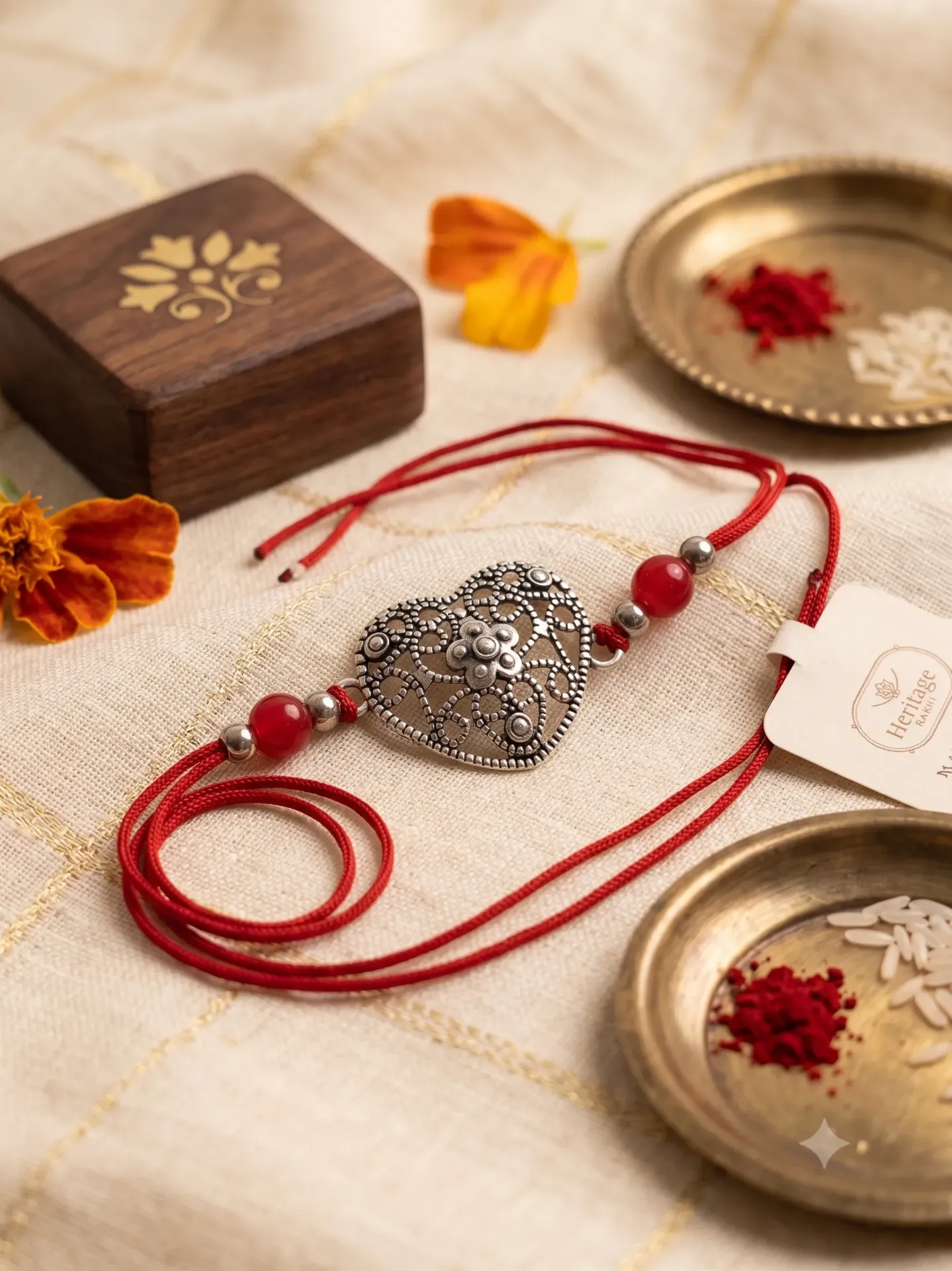 Oxidized Silver Filigree Heart Rakhi with Red Bead Accents