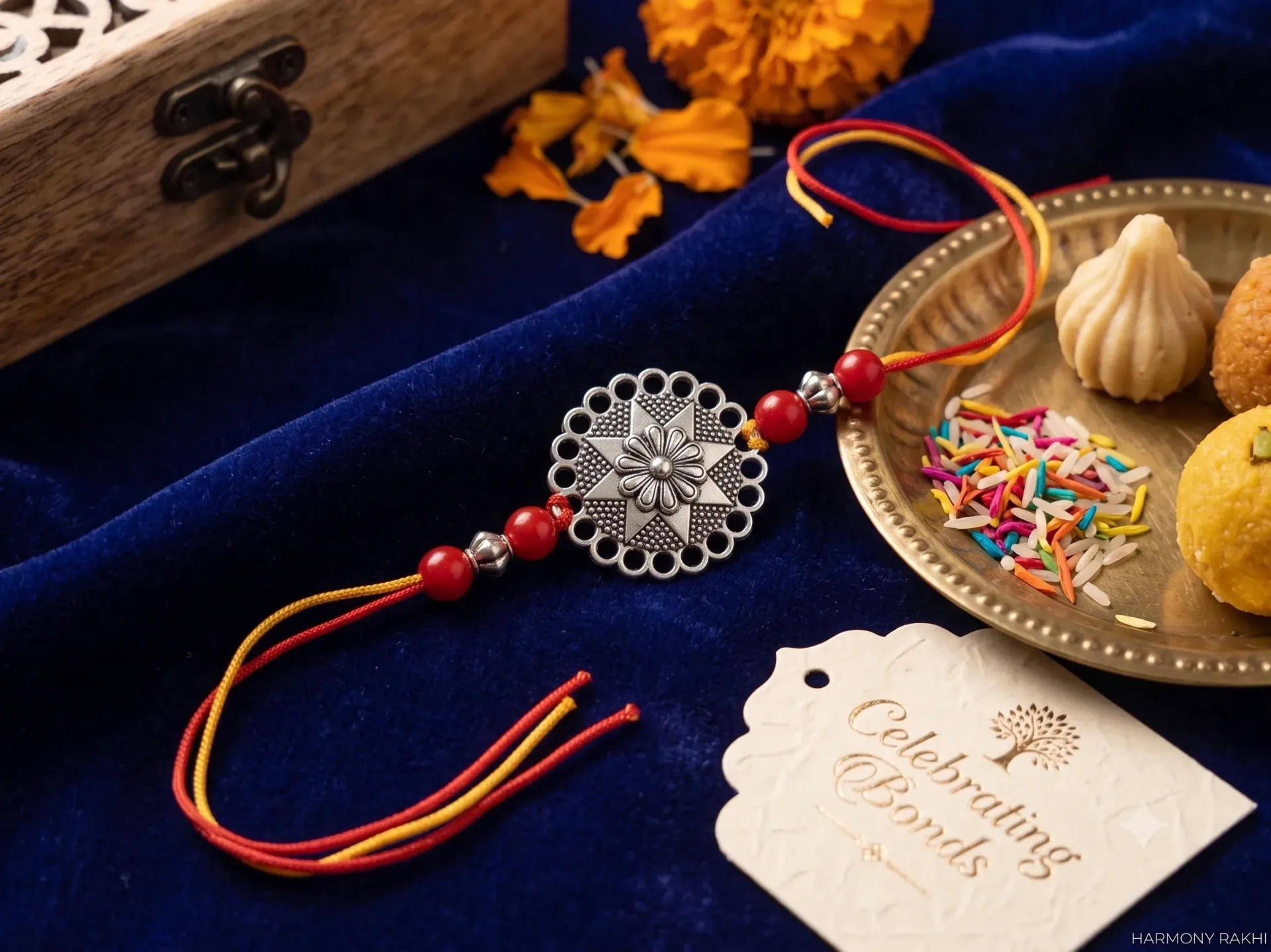 Oxidized Silver Mandala Rakhi with Red Beads and Dual-Tone Thread