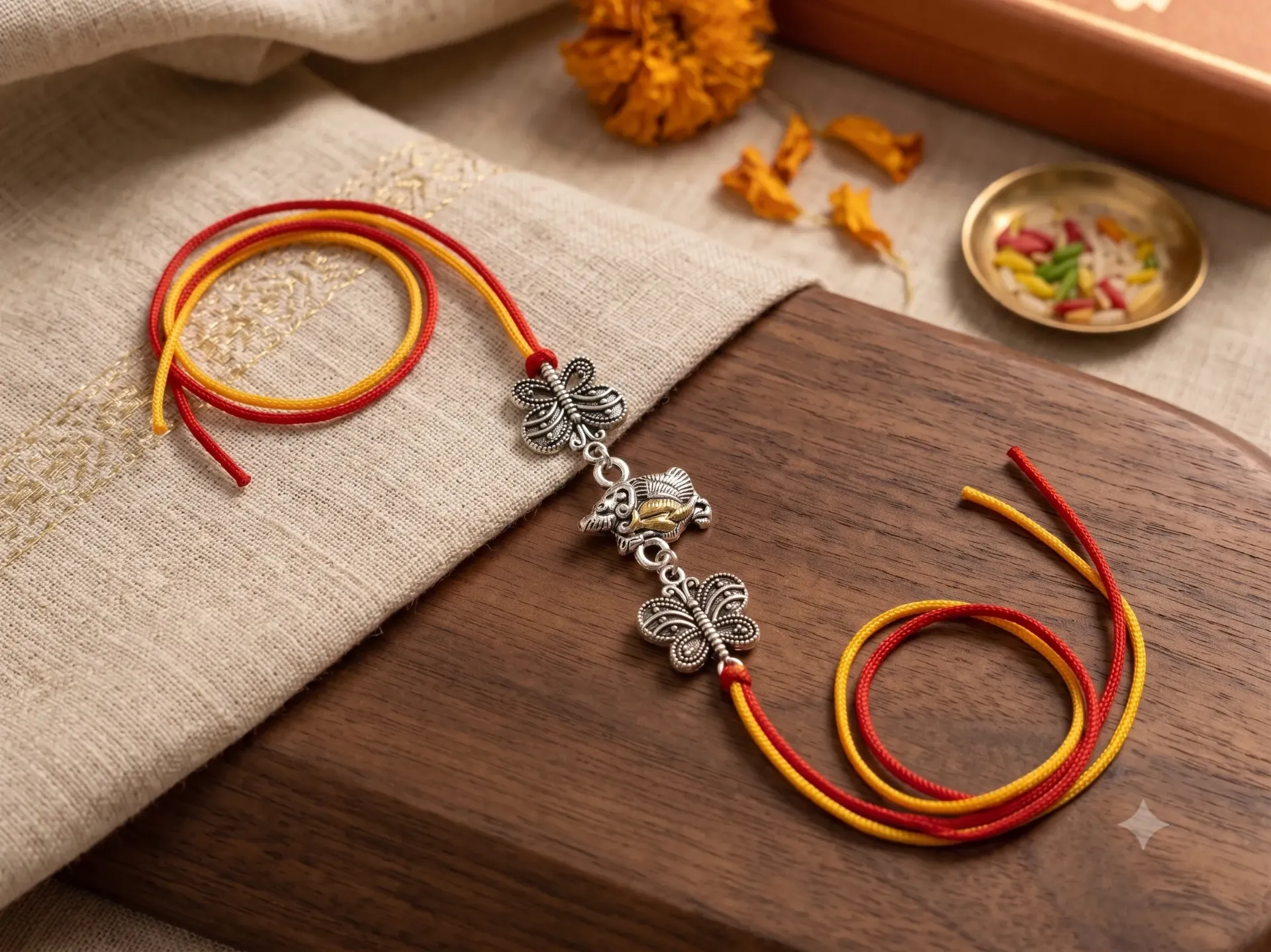 Oxidized Silver Elephant & Butterfly Charm Rakhi with Dual-Tone Cord
