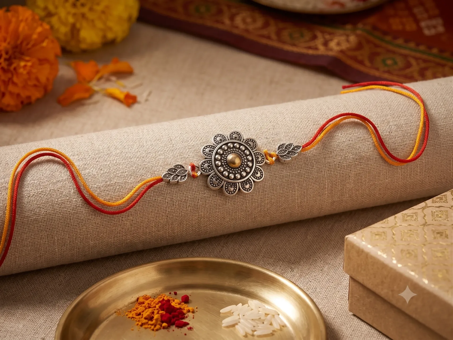 Oxidized Silver Floral Sunflower Rakhi with Leaf Side Charms