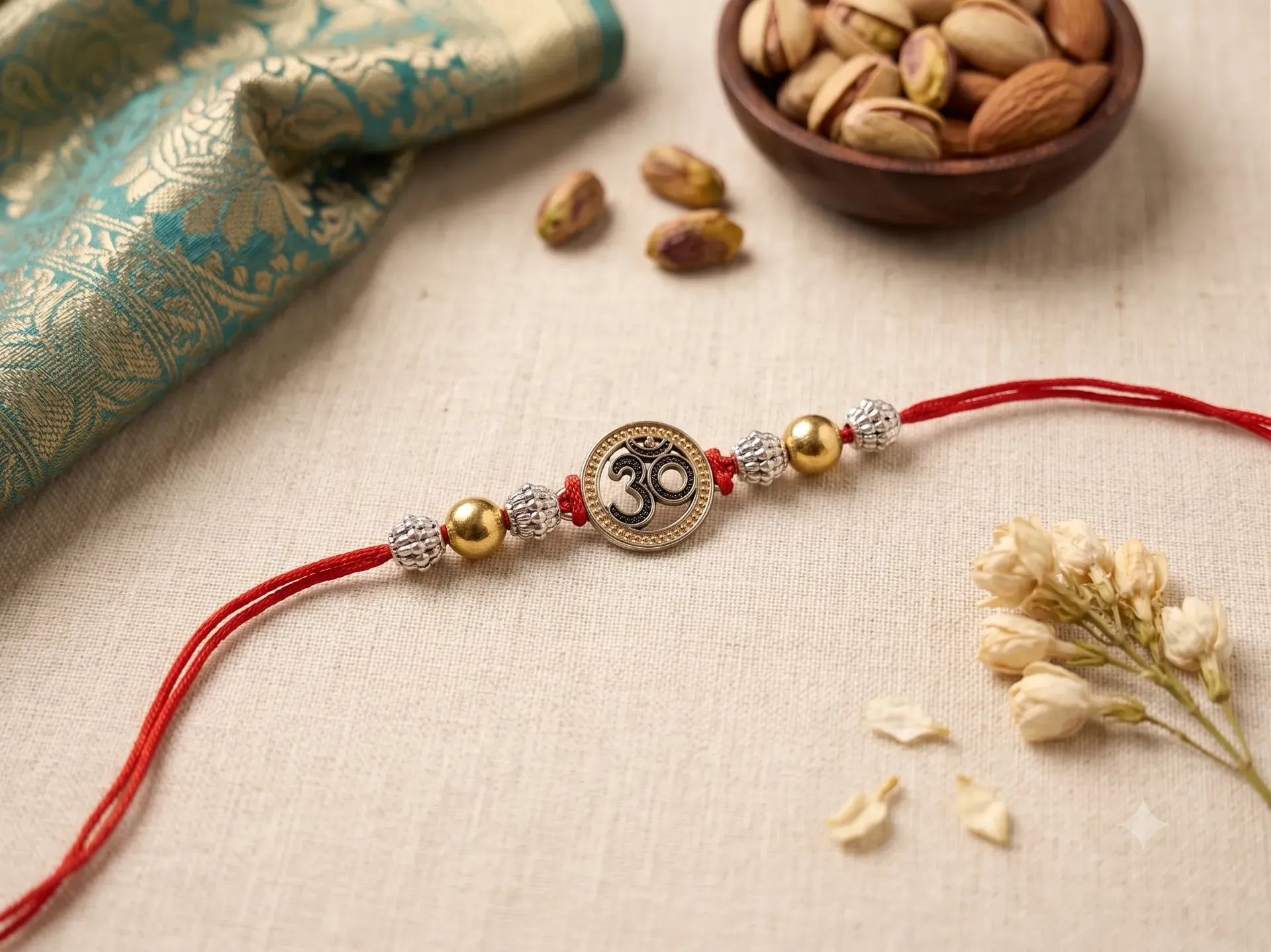 Auspicious Dual-Tone Om Metal Rakhi with Red Thread