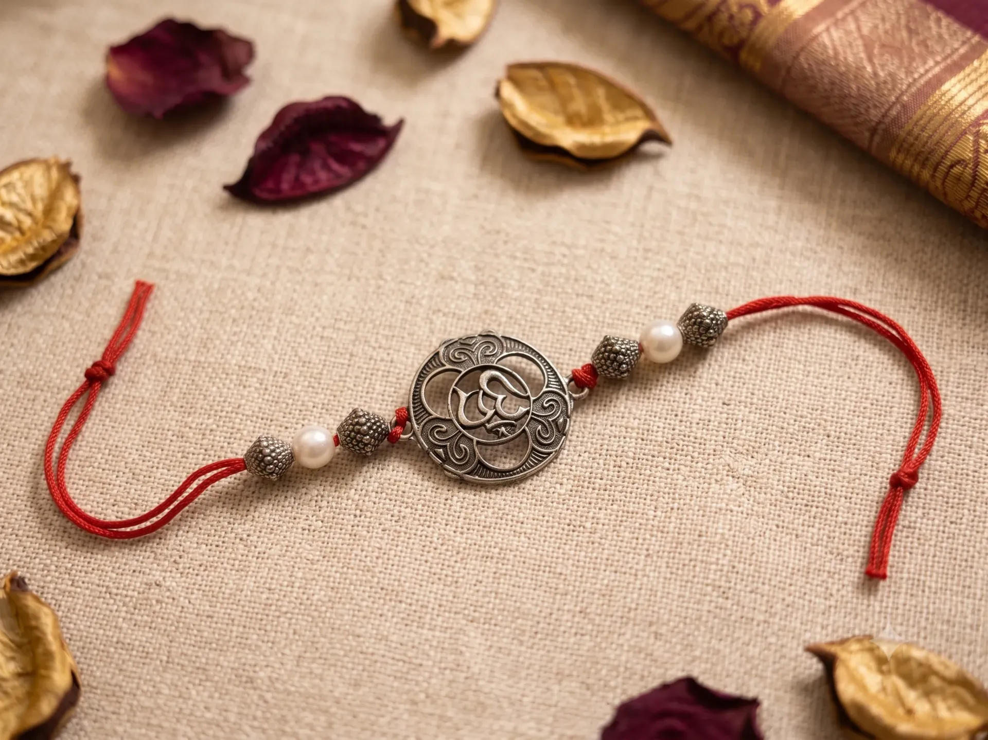 Antique Silver Om Charm Rakhi with Pearl Accents