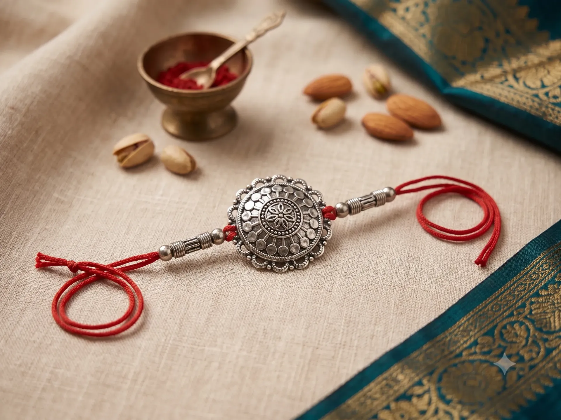 Antique Oxidized Silver Mandala Floral Rakhi with Red Thread