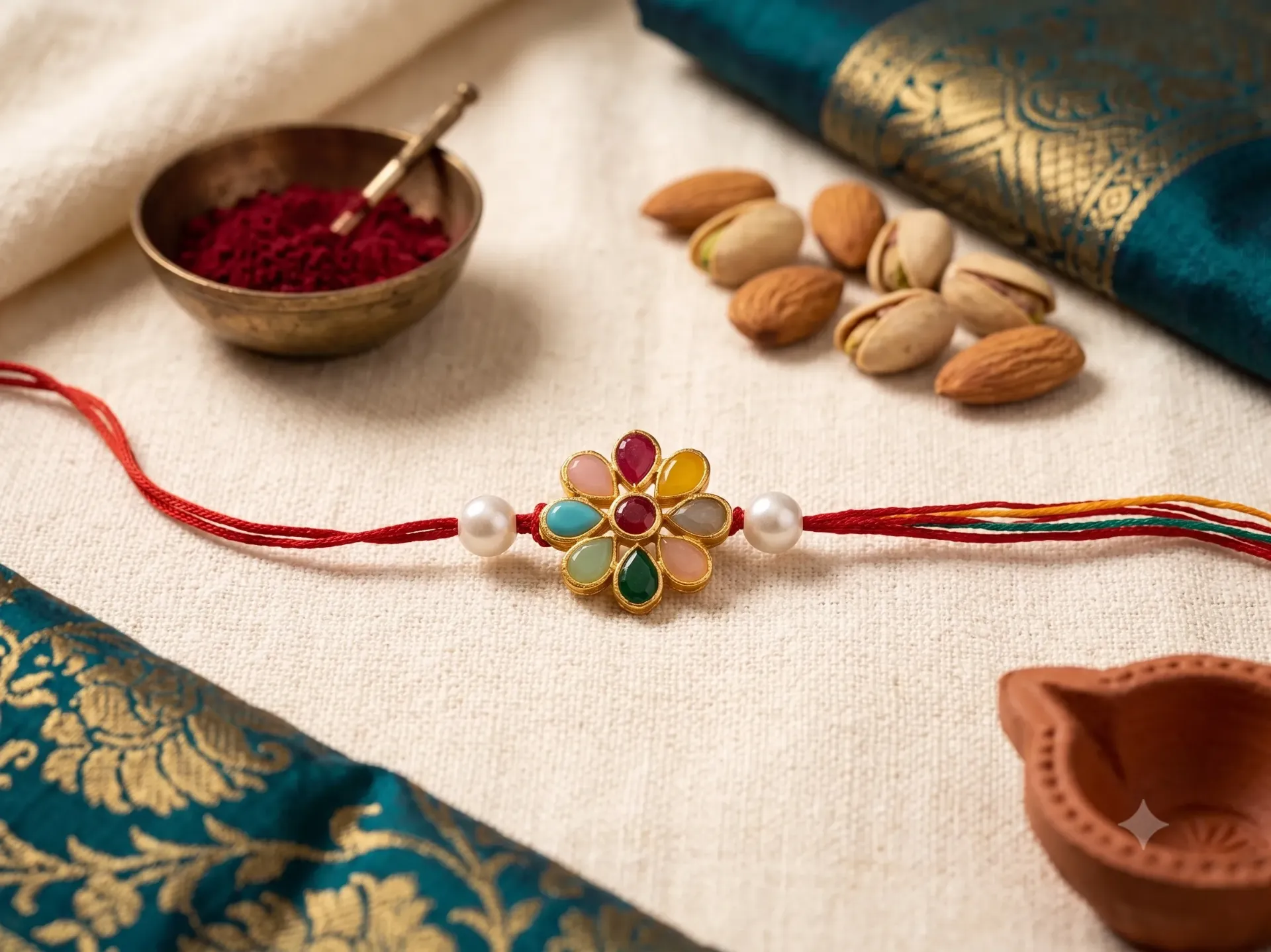 Multicolor Navratna-Style Stone Floral Rakhi with Pearl Accents