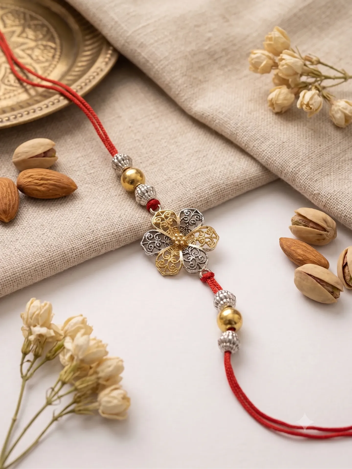 Dual-Tone Gold & Silver Filigree Floral Rakhi with Metallic Beads