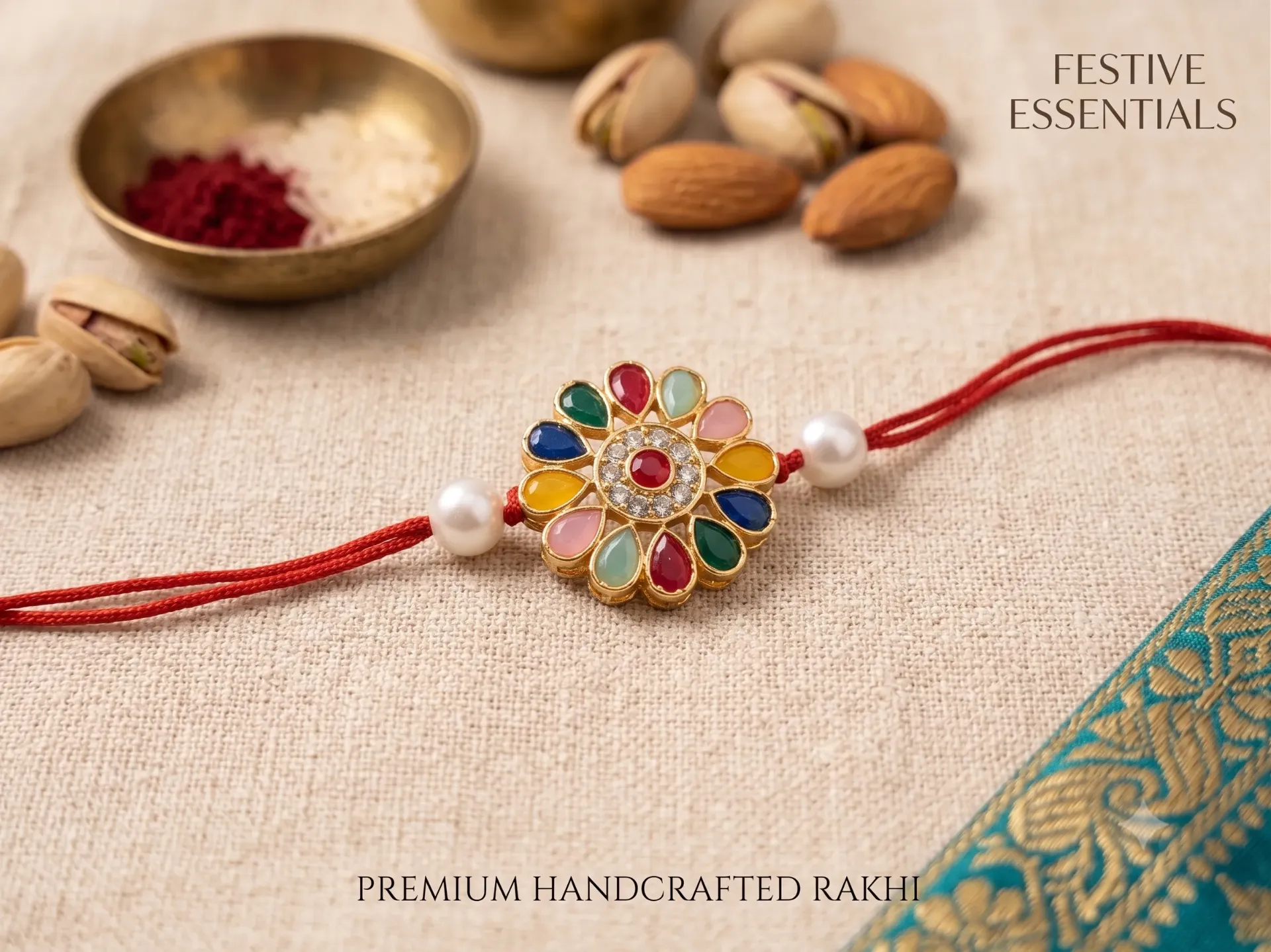 Multicolor Gemstone & CZ Stone Floral Rakhi with Pearl Accents