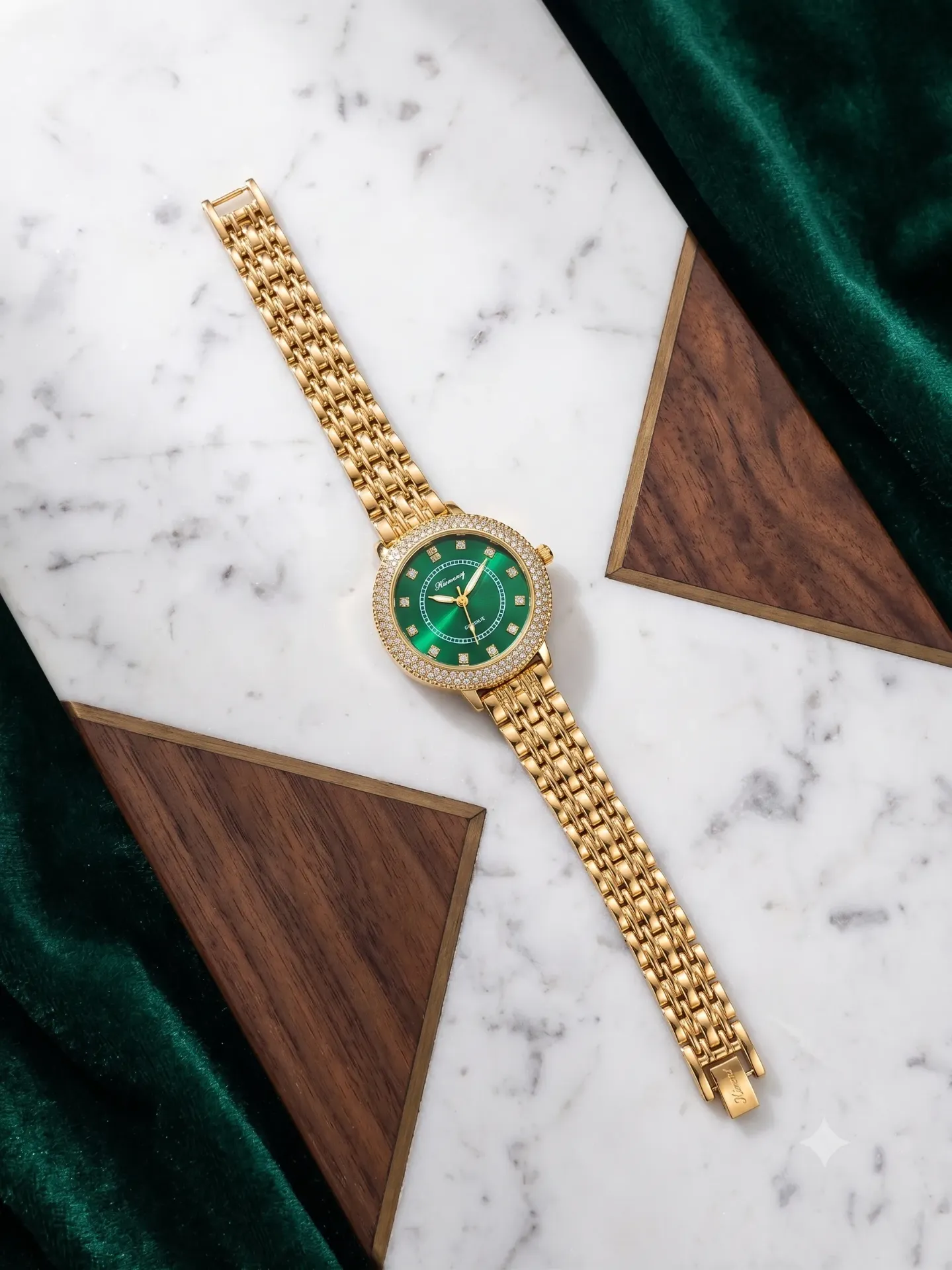 "Emerald Elegance: The Crystal Gold Link Watch"