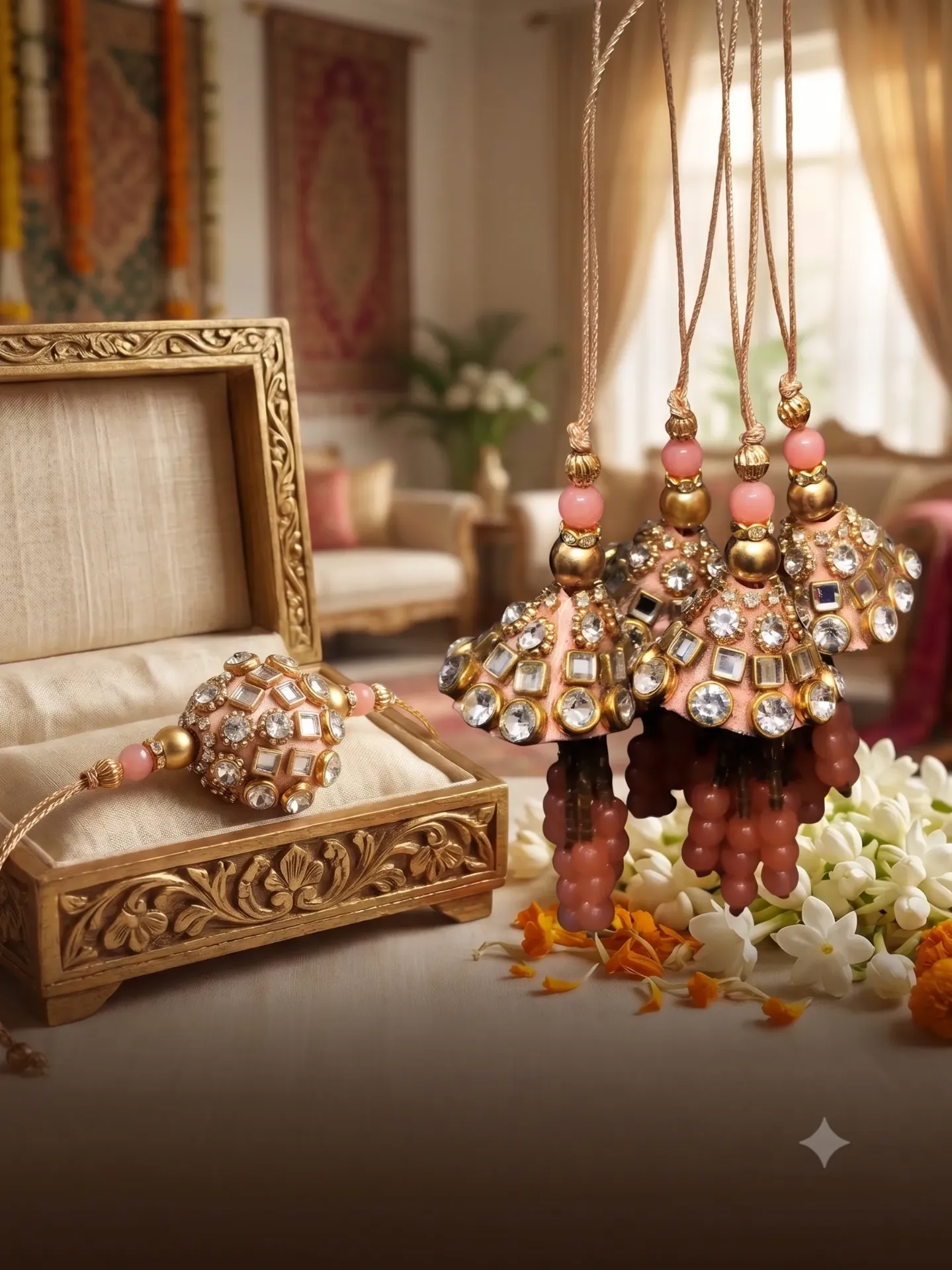 Premium Pink Kundan & Stone Studded Rakhi with Hanging Tassels (single piece )