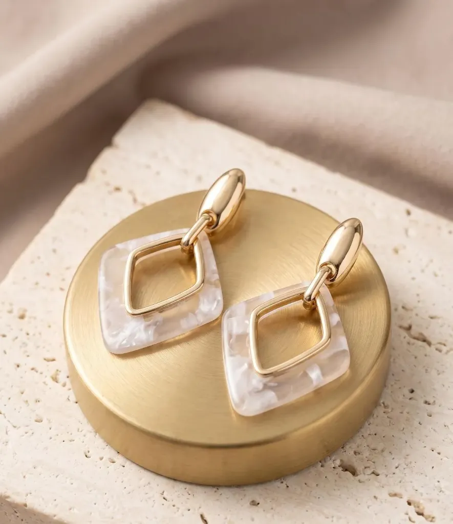 White Marble Geometric Drop Earrings – Gold Plated Anti-Tarnish Rhombus Earrings for Women