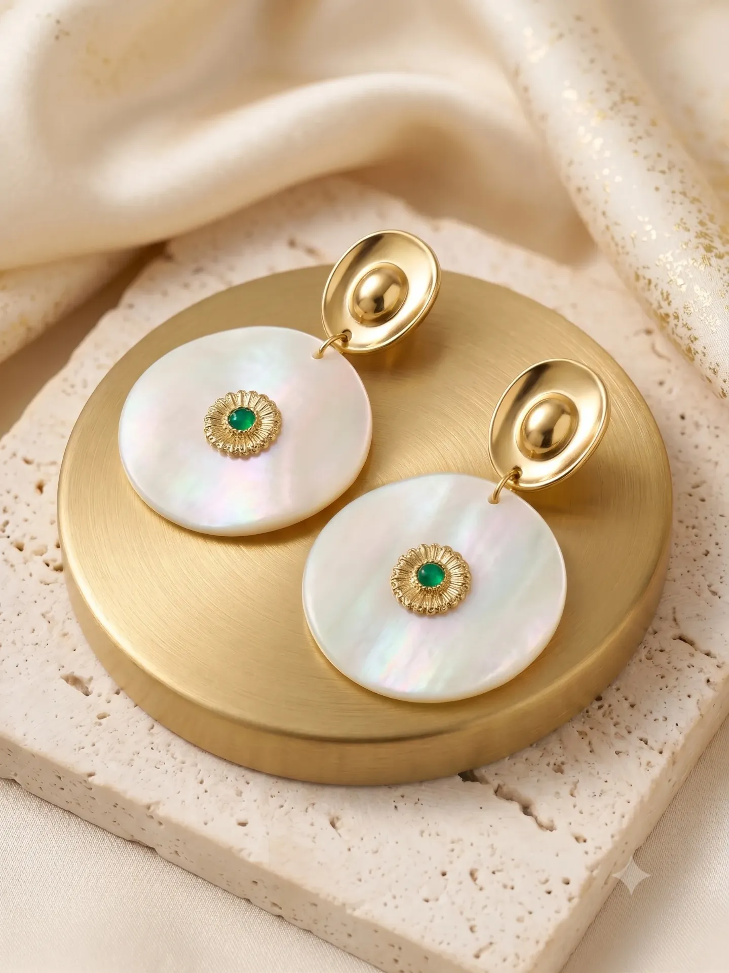 Mother of Pearl Disc Drop Earrings – Gold & Green Stone