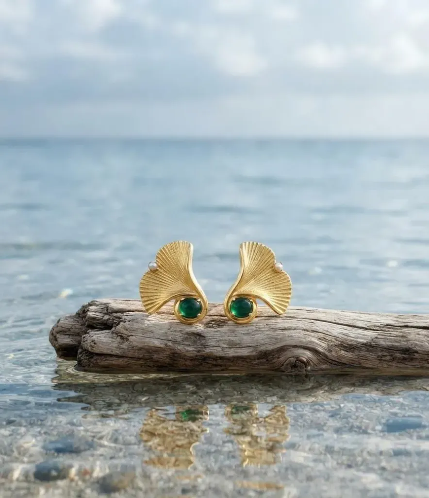 Gold Ginkgo Leaf Earrings with Emerald