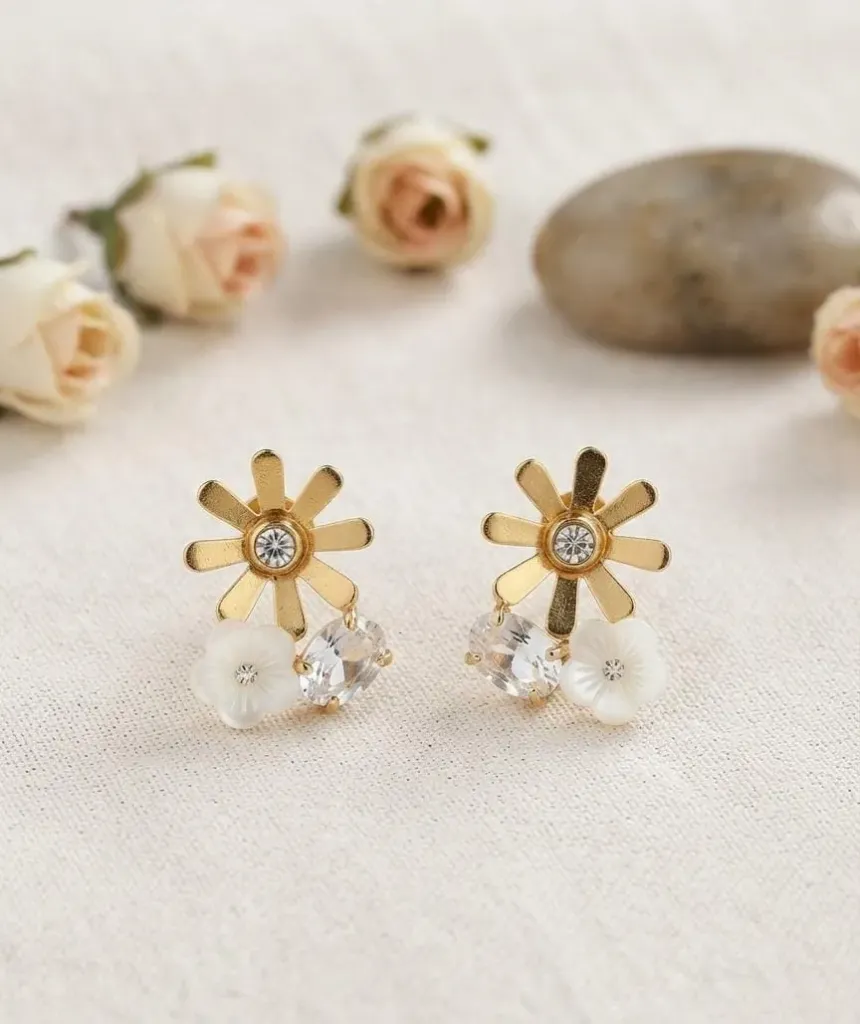 Dainty Gold Daisy & Crystal Drop Earrings