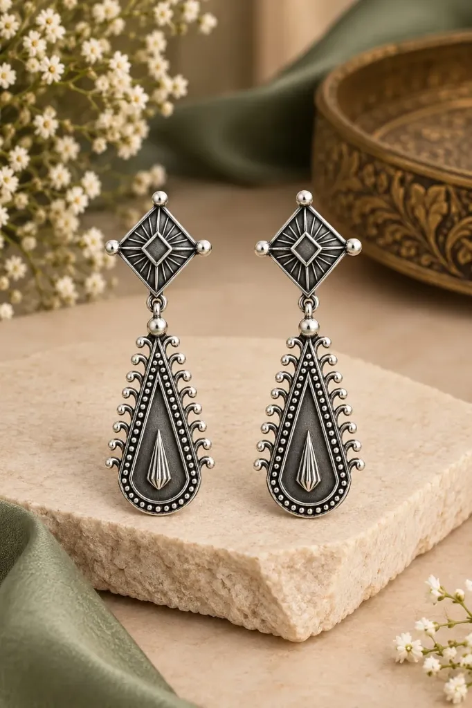 Boho-Chic Oxidized Silver Drop Earrings