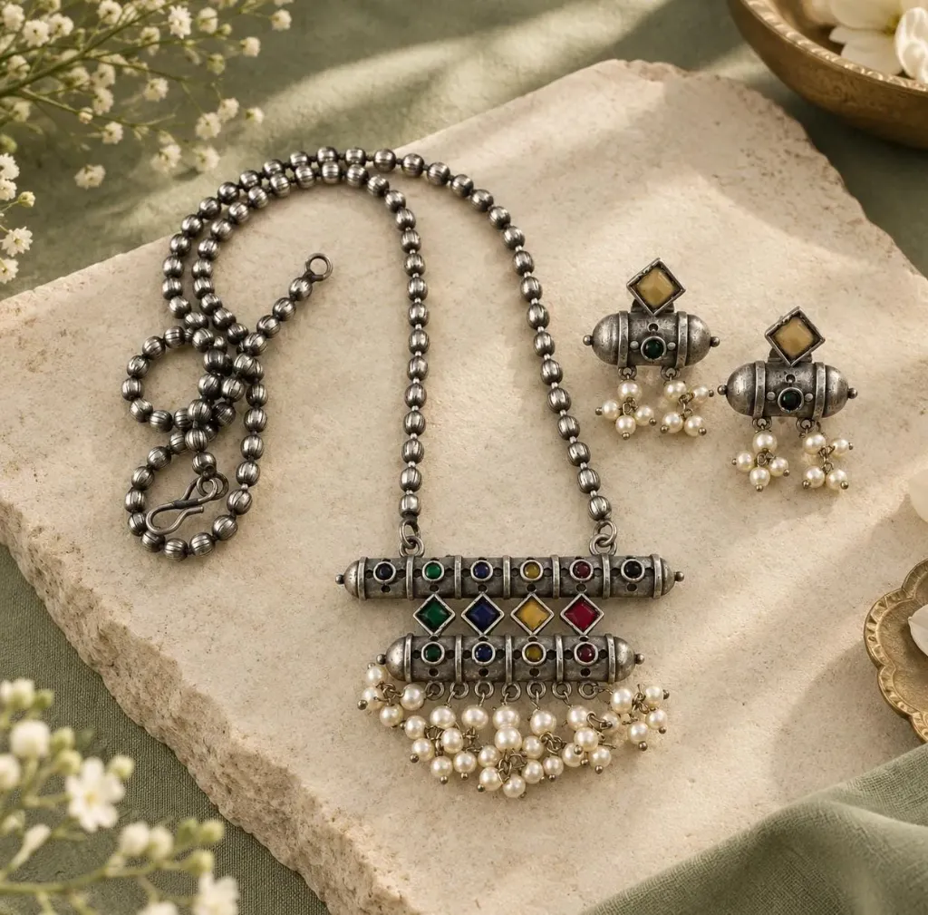 Regal Multigem Oxidized Silver Necklace & Earring Set