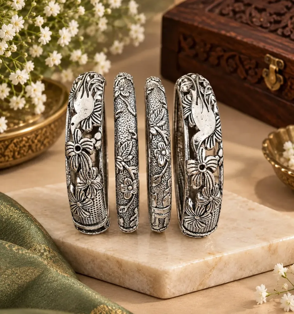 Floral & Bird Carved Oxidized Silver Bangle Set