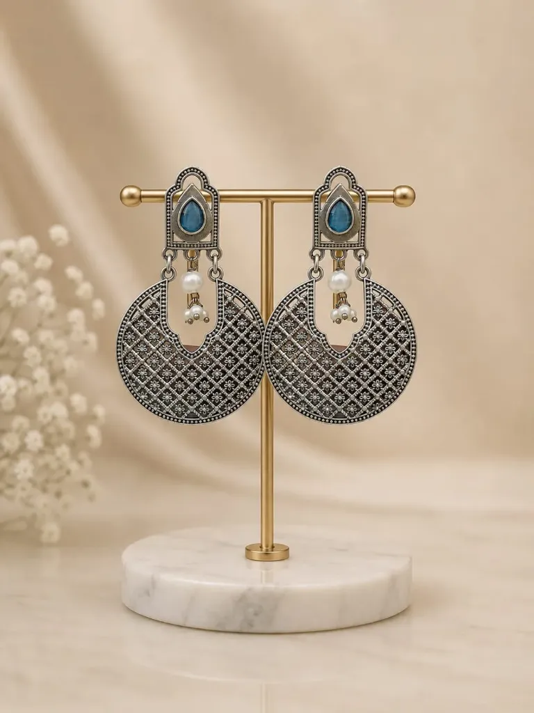 Oxidized Silver Blue Stone & Pearl Chandbalis | Statement Ethnic Earrings