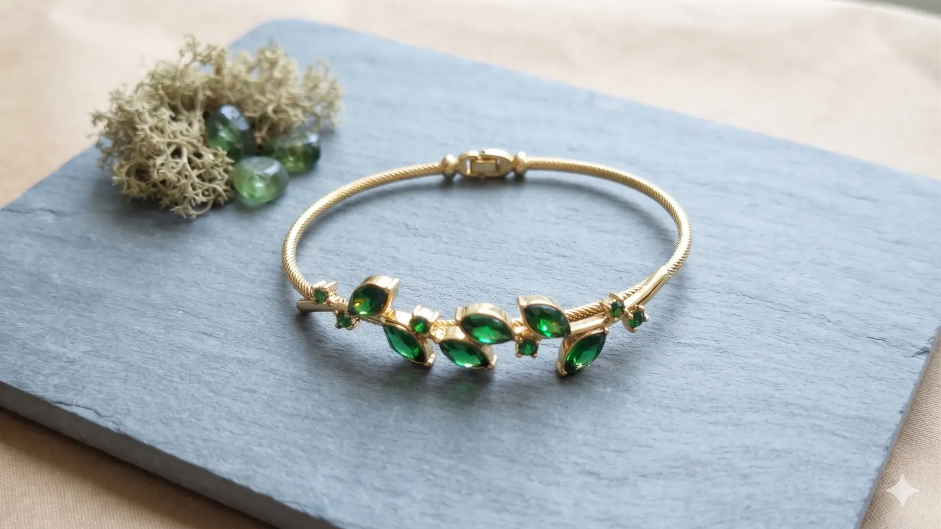 Golden Emerald Leaf Bracelet | Elegant Green Stone Cuff