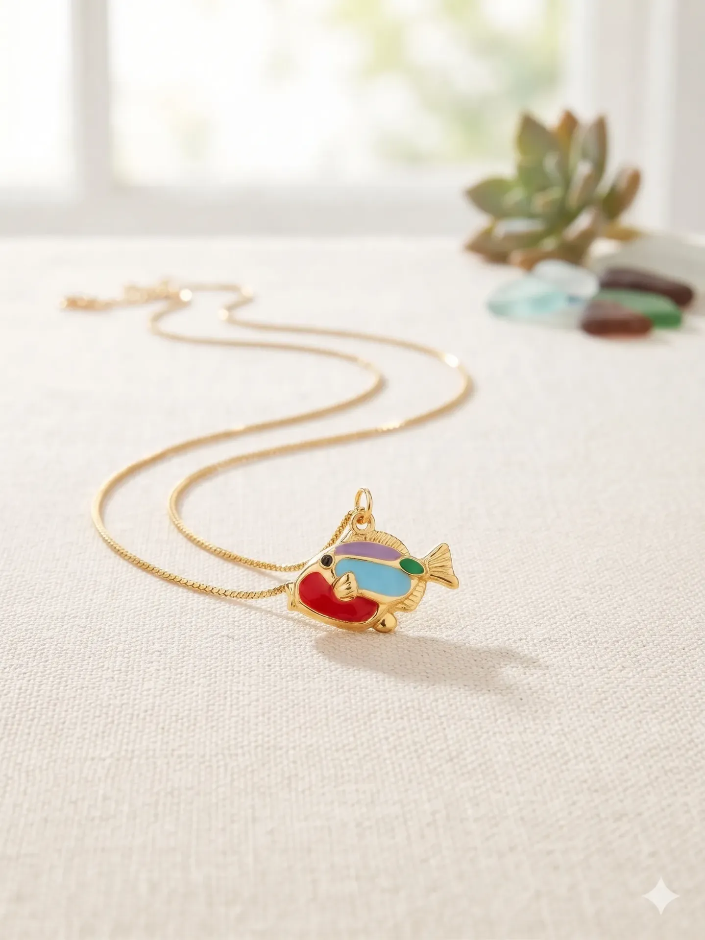 Gold-Plated Multi-Color Enamel Articulated Fish Pendant Necklace