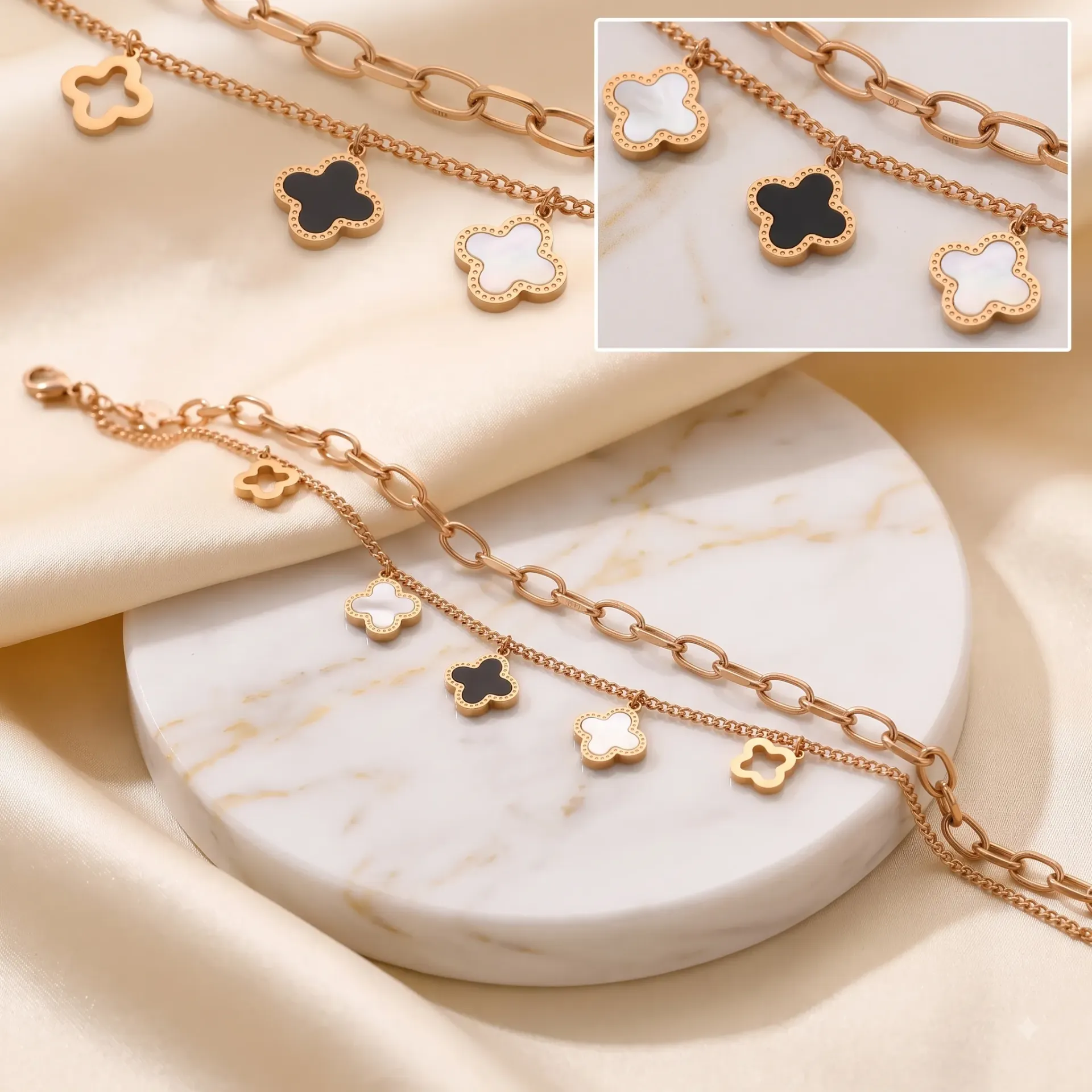 Korean-style Titanium Steel Bracelet For Women, Four-leaf Clover And Mother-of-pearl Double-layer Chain, High-end Niche Desi