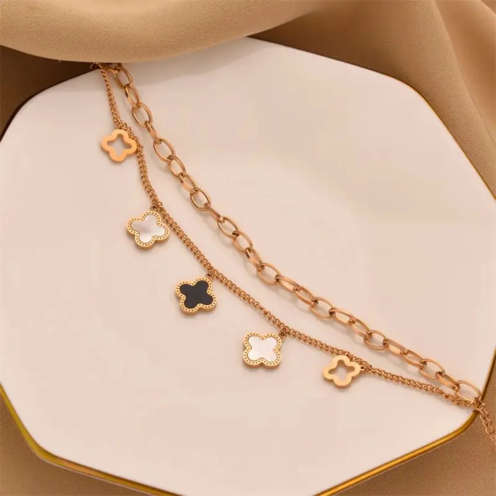 Korean-style Titanium Steel Bracelet For Women, Four-leaf Clover And Mother-of-pearl Double-layer Chain, High-end Niche Desi