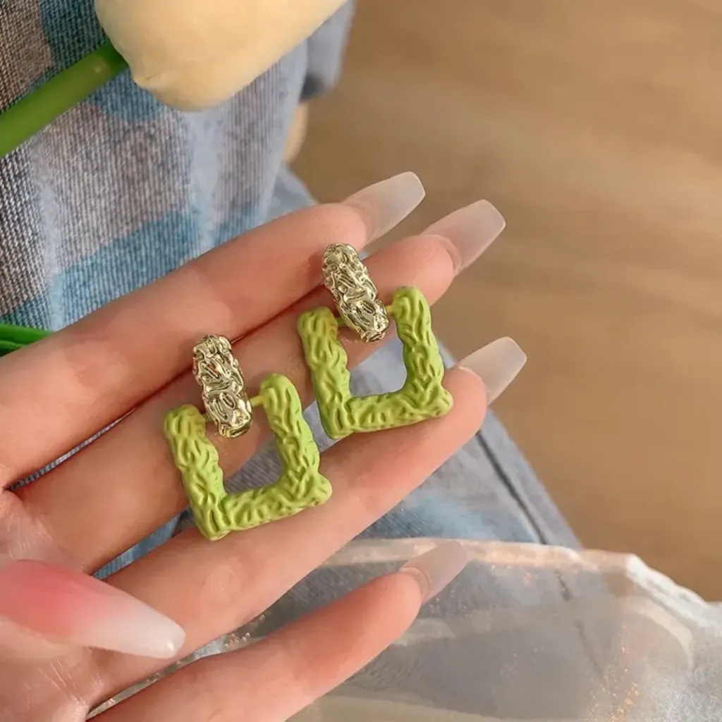 Geometric, irregular hollow square statement earrings with a green line design, gold-plated, handmade style