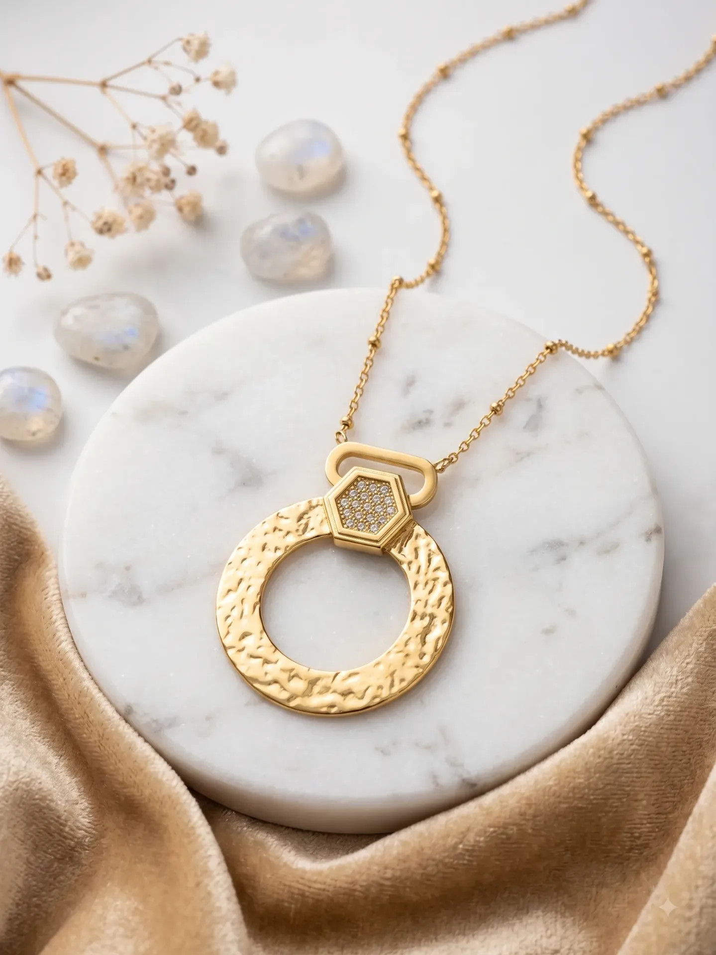The Hammered Halo Necklace in Anti-Tarnish Gold