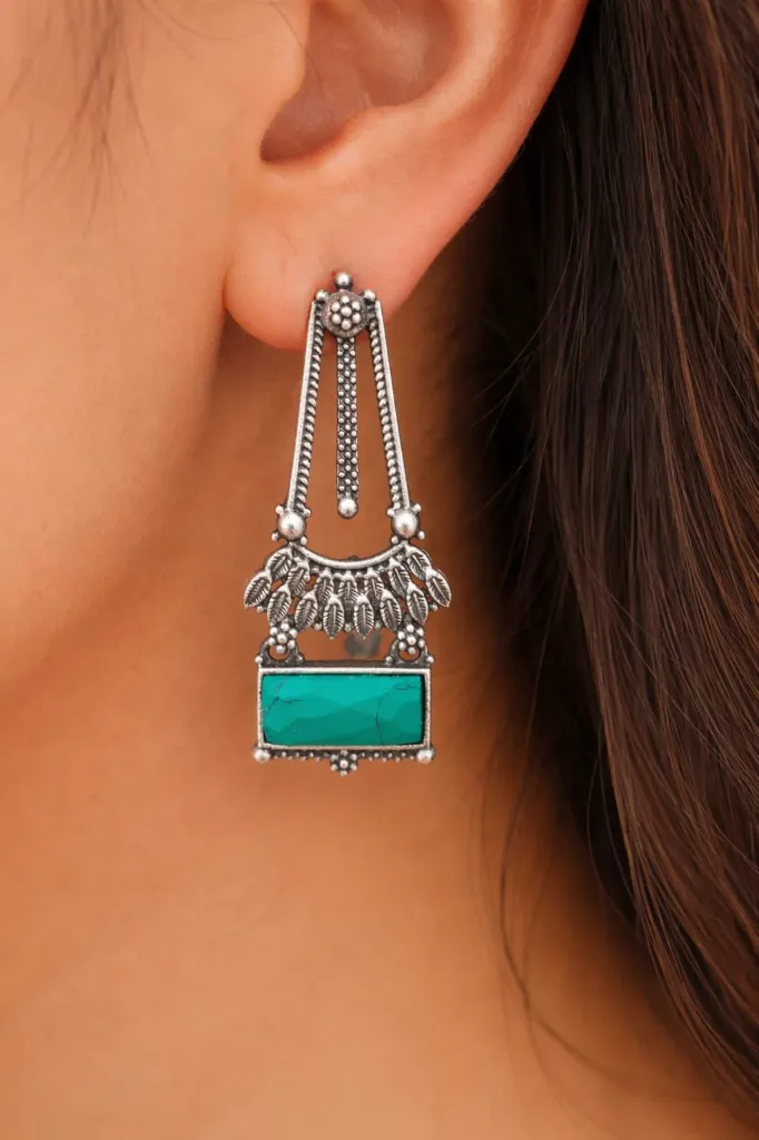 Turquoise Stone Oxidized Silver Drop Earrings