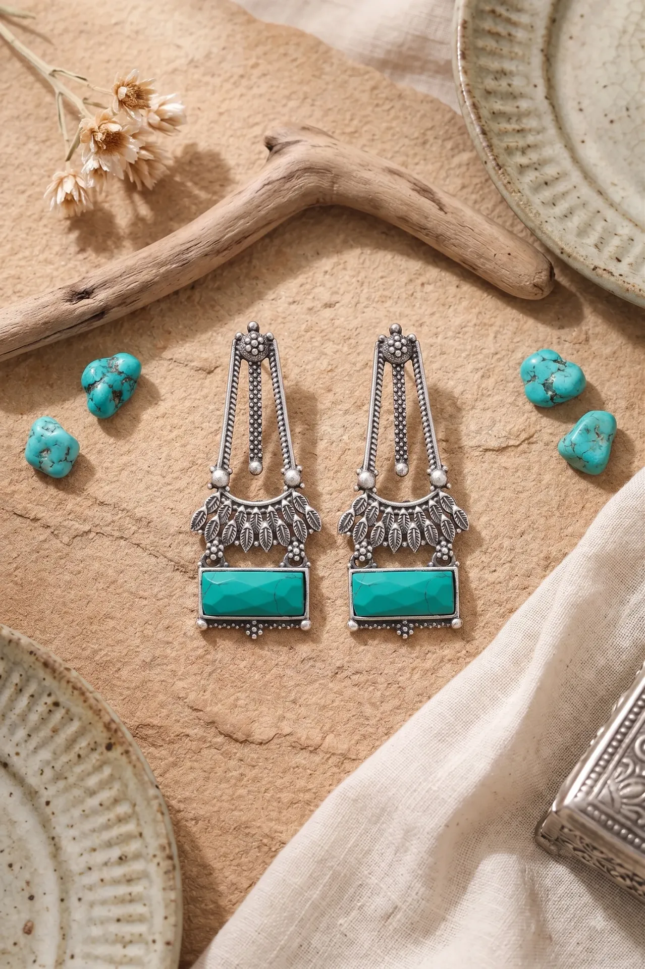 Turquoise Stone Oxidized Silver Drop Earrings